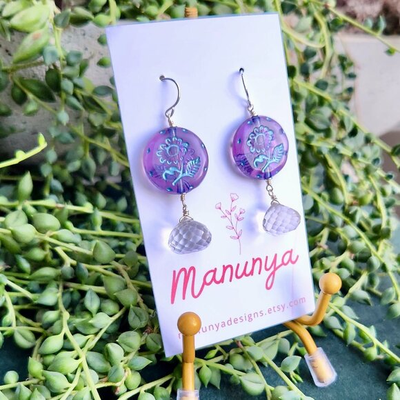 Dangle Flower Earrings - Blue, Green, Purple - Picture 7 of 13
